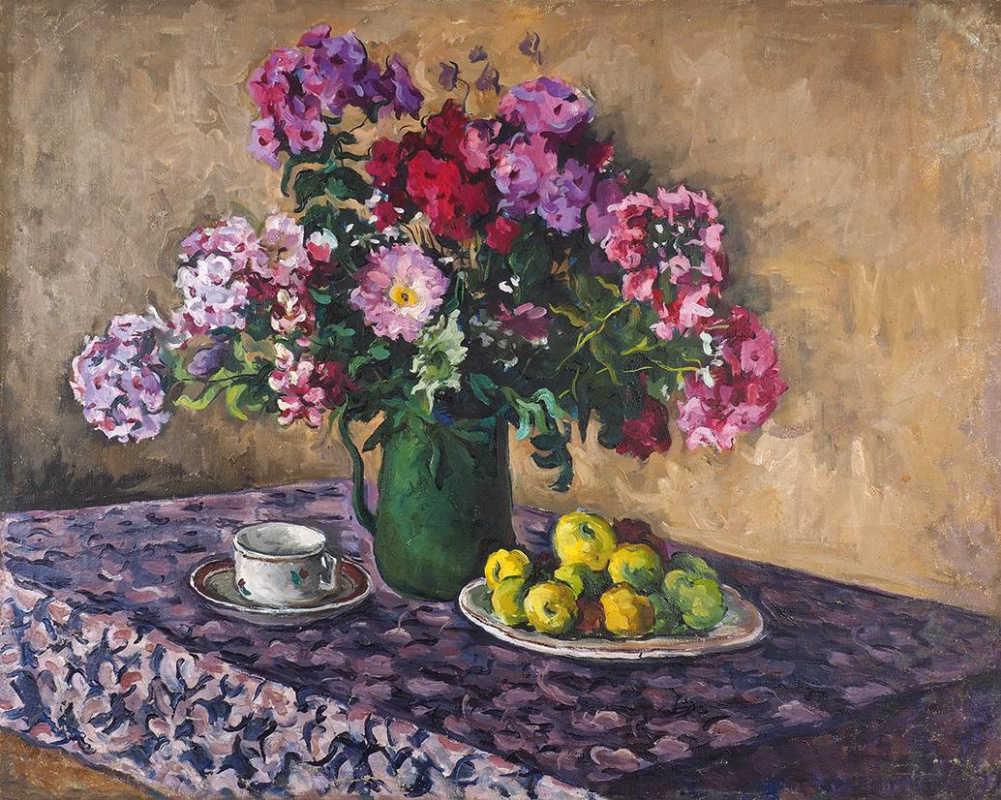 Grigory Alexandrovich Sretensky. Still life with phloxes and apples. 1930s