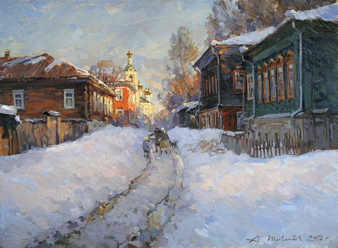 Alexander Shevelyov. Plyos Gorky Street. Melting snow. Oil on canvas 54 x 77.6 cm. 2017