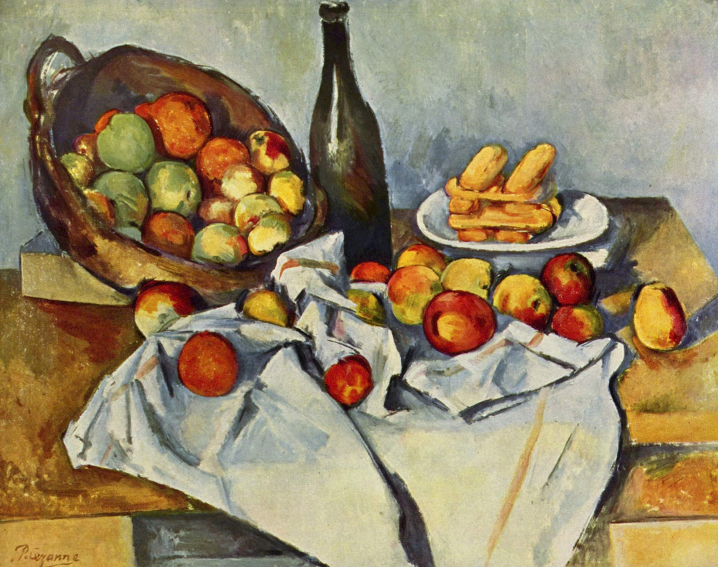 Paul Cezanne. Still life with bottle and basket of apples