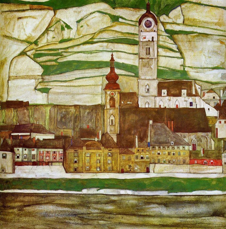 Egon Schiele. 多瑙河上的斯坦因。查看从南方