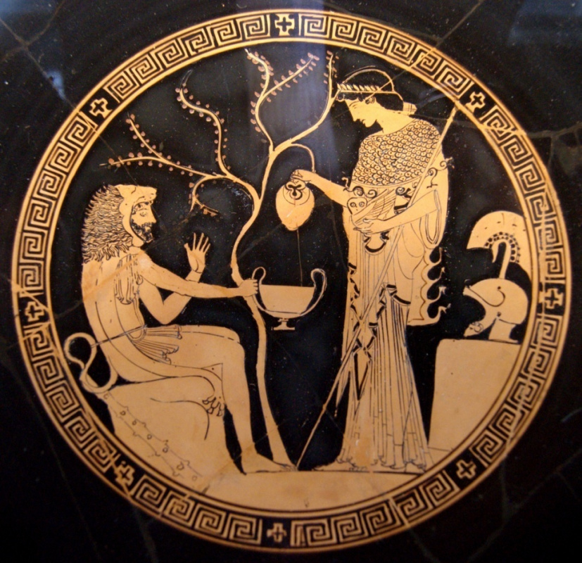 Ancient Vaso painting. Gives Hercules the apples of the Hesperides Athena