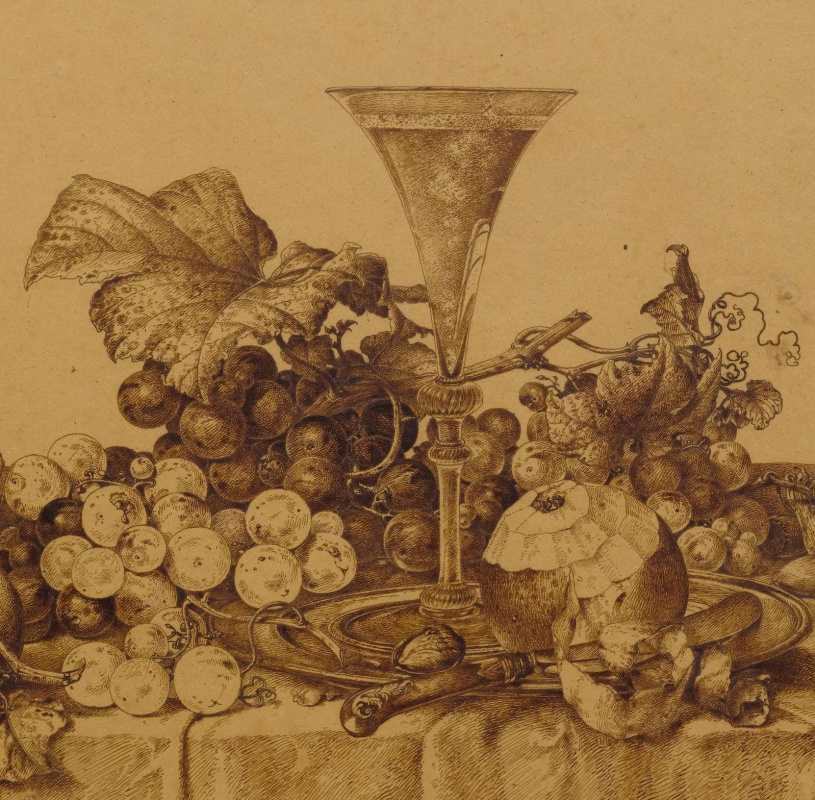 Johann Wilhelm Prairie. Still life with fruit, champagne and a tin dish. 1877 detail