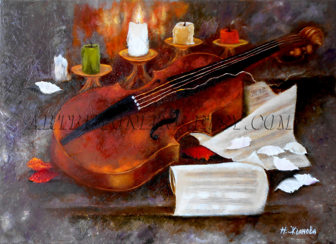 Natalya Zhdanov. Pittura a olio natura Morta con violino
