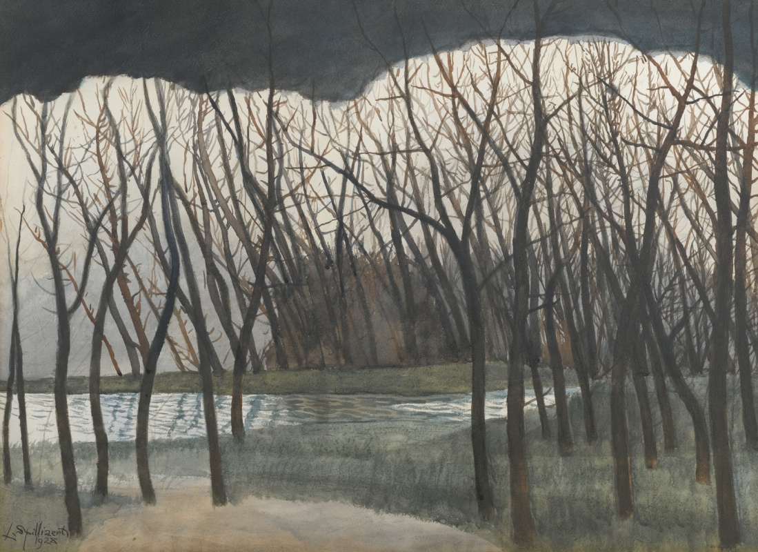 Leon Spilliaert. 1928_Пруд feat trees, winter. Park in Ostend (Etang Entoure d arbres, Hiver. Parc a Ostende)_55.2 x 75.4_бумага, watercolor