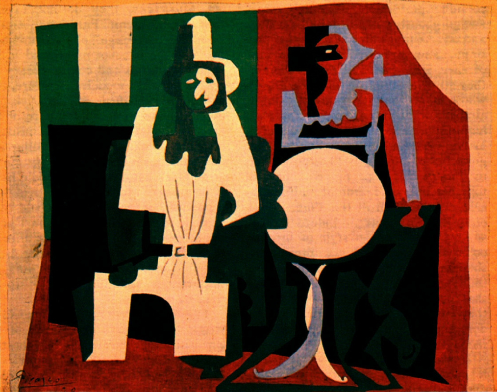 Pablo Picasso. Pierrot and harlequin on cafe terrace