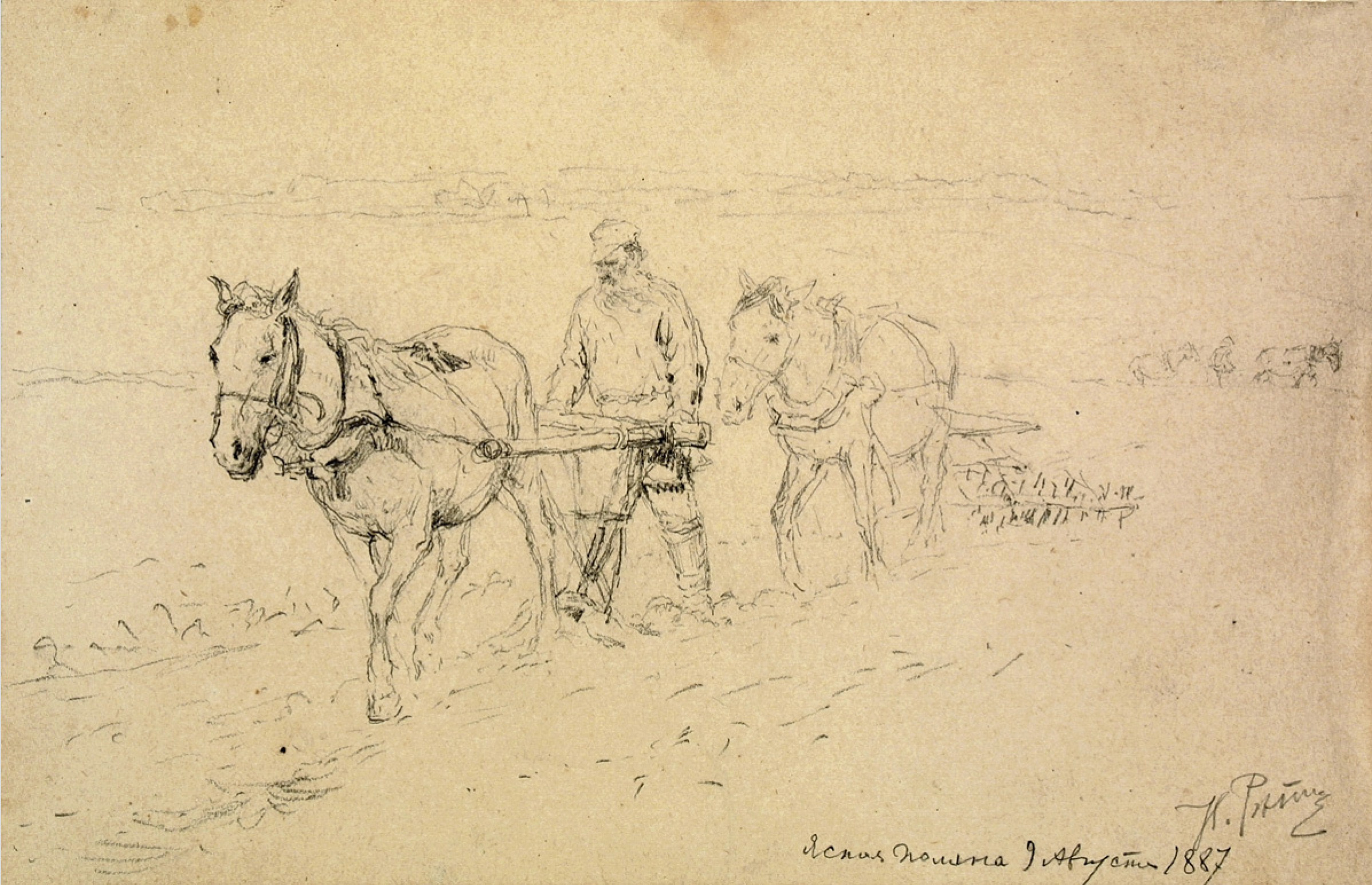 Ilya Efimovich Repin 农夫。 Leo Nikolayevich Tolstoy在耕地上。素描