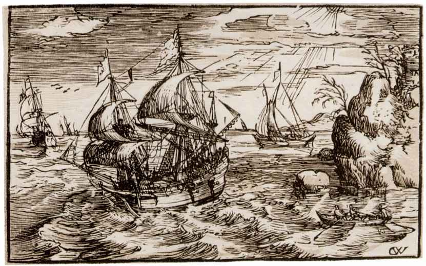 Hendrik Goltzius. Seascape with three sailing vessels