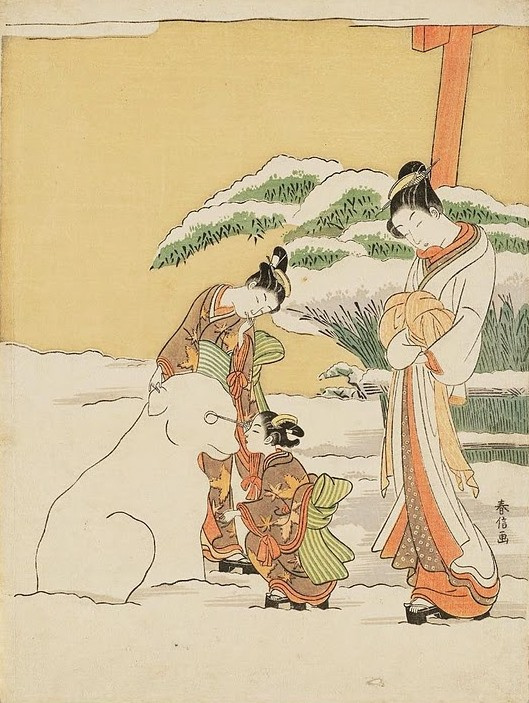 Suzuki Harunobu. 名妓手表kamuro做了一只雪狗
