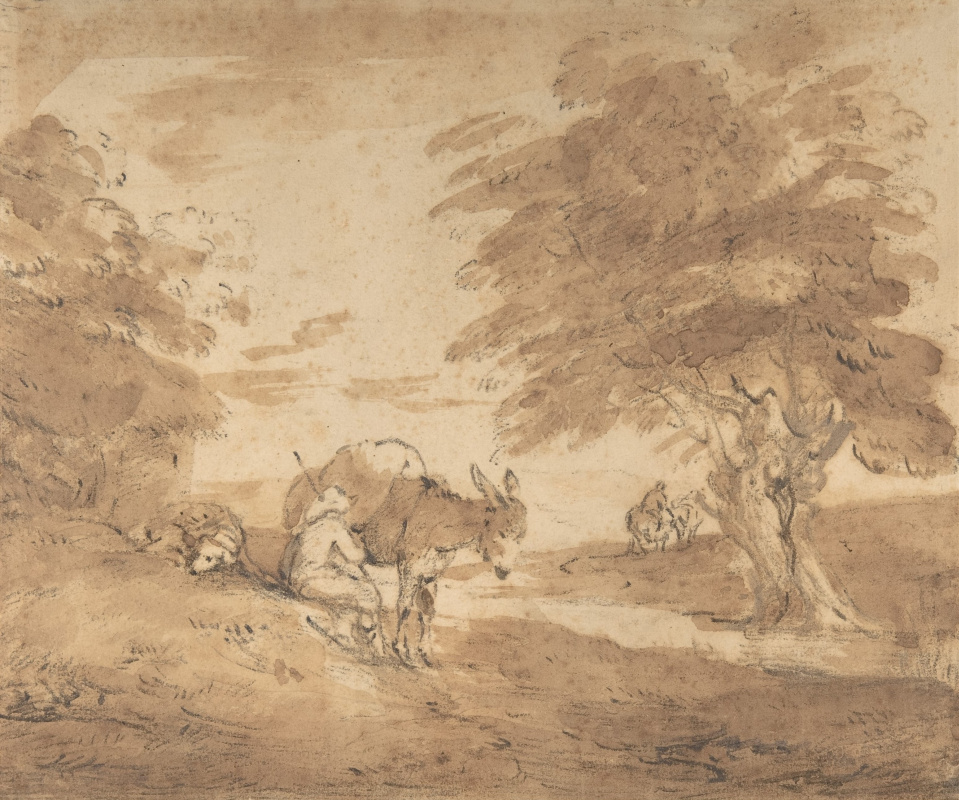 Thomas Gainsborough. 其余的方式。 风景与农民和一头驴