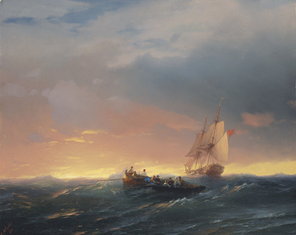 Ivan Aivazovsky. Schiffe auf den Wellen bei Sonnenuntergang