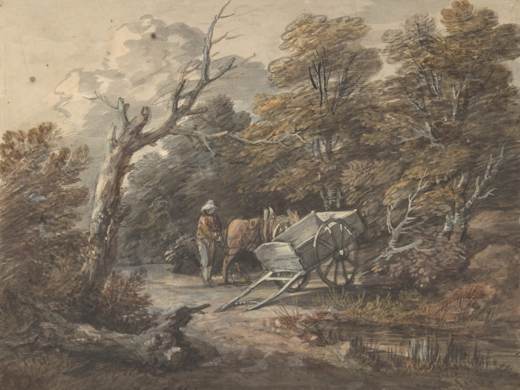 Thomas Gainsborough. Wooded landscape with farmer and cart