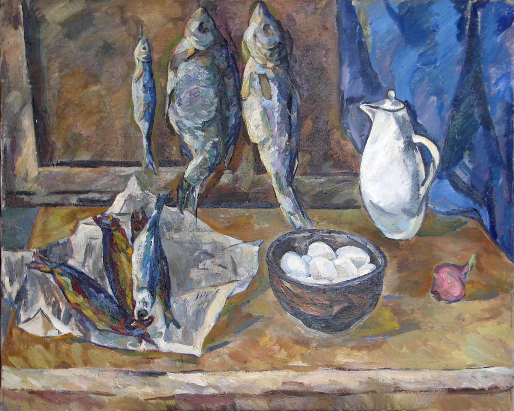 Valentina Ivanovna Rakhina. Still life with fish and eggs