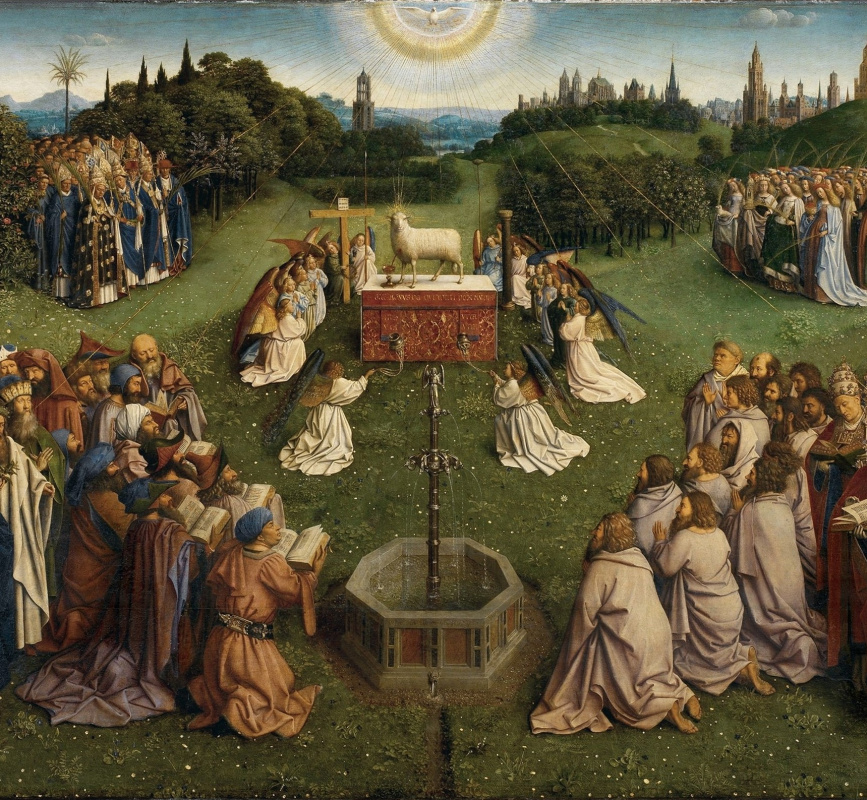 Jan van Eyck. The Ghent altarpiece. The worship of the lamb (detail)