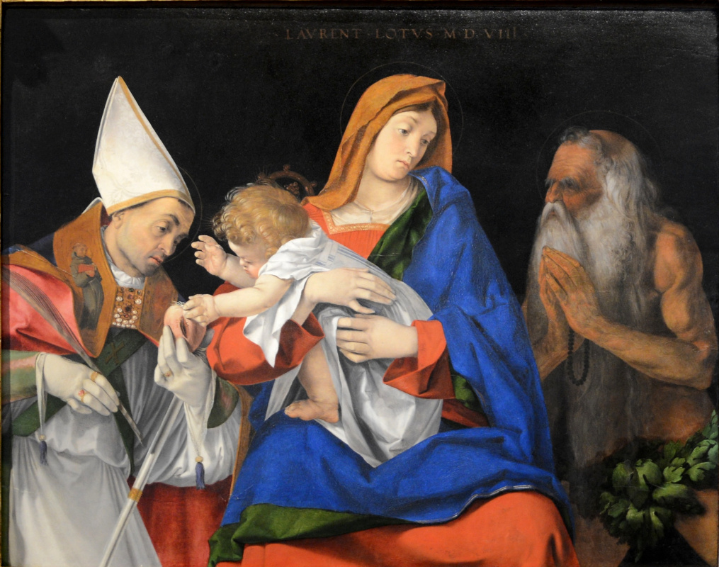 Lorenzo Lotto. Madonna with child among the saints Ignatius of Antioch and Onuphrius