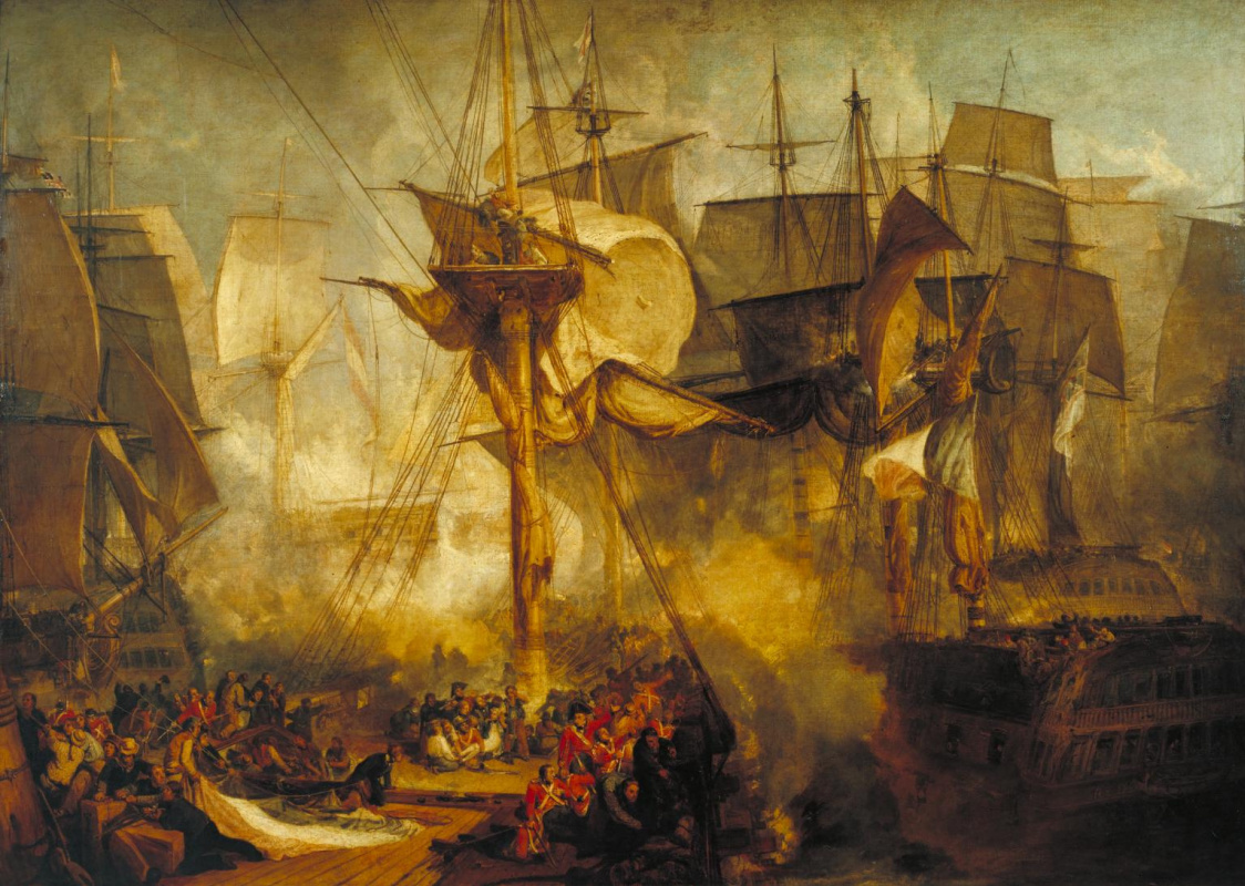 Joseph Mallord William Turner. The battle of Trafalgar, the kind with the cable for the mizzen mast on the starboard side of the ship "victory"