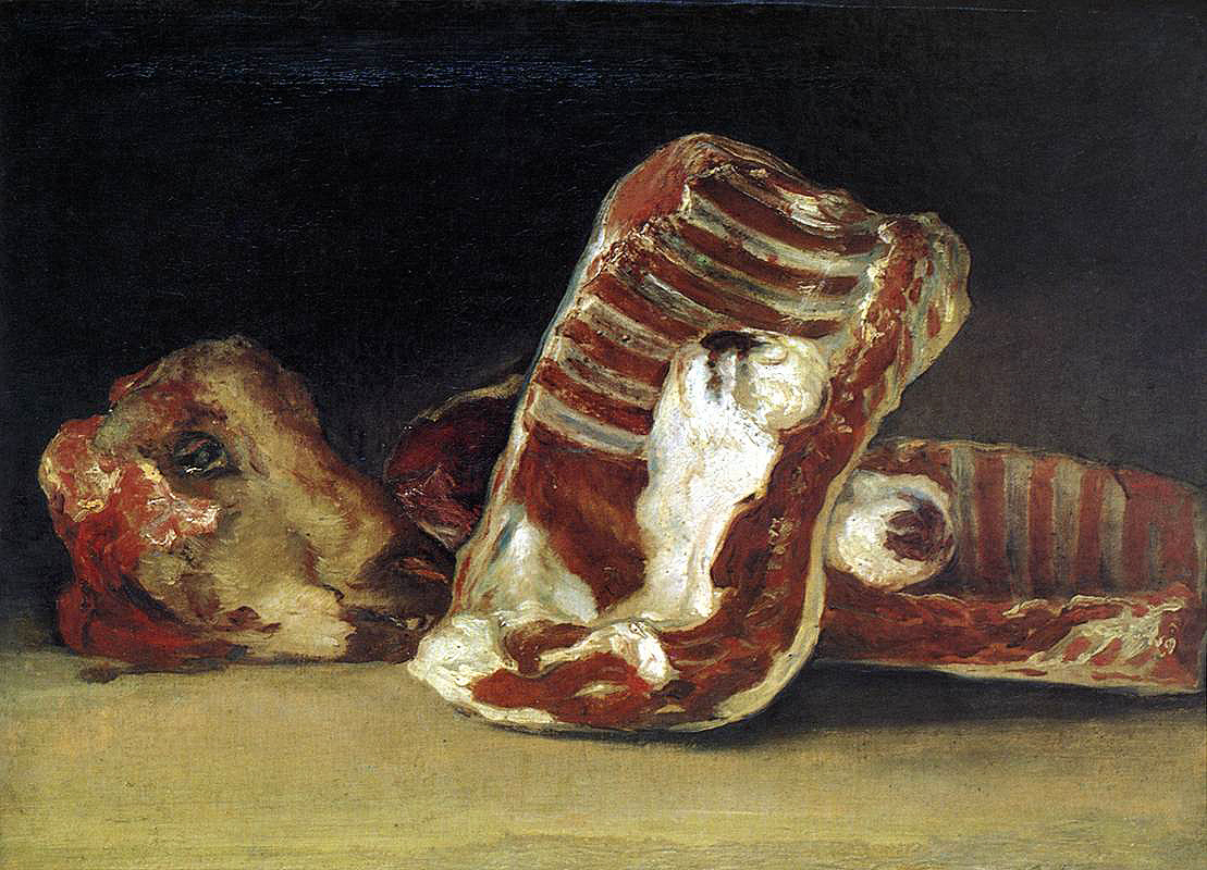 Francisco Goya. Still life with a rib and the head of a lamb - counter butcher