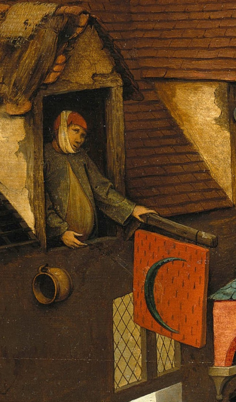 Pieter Bruegel The Elder. Flemish proverbs. Fragment: Having a toothache behind the ears - to pretend. Peeing on the moon - wasting time on useless efforts