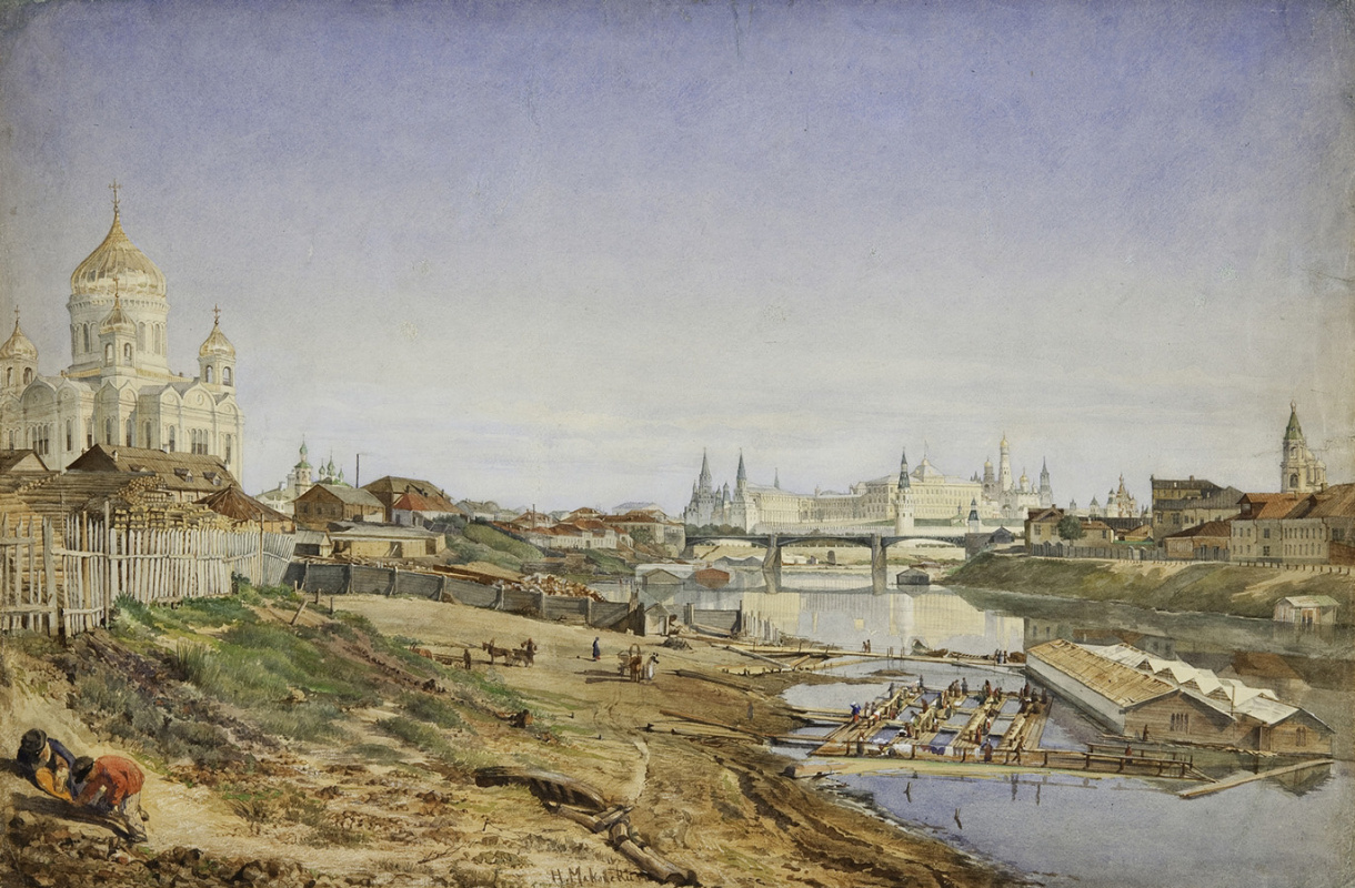 Nikolai Egorovich Makovsky. View of the Cathedral of Christ the Saviour, the Stone bridge and the Kremlin embankment of the Moscow river