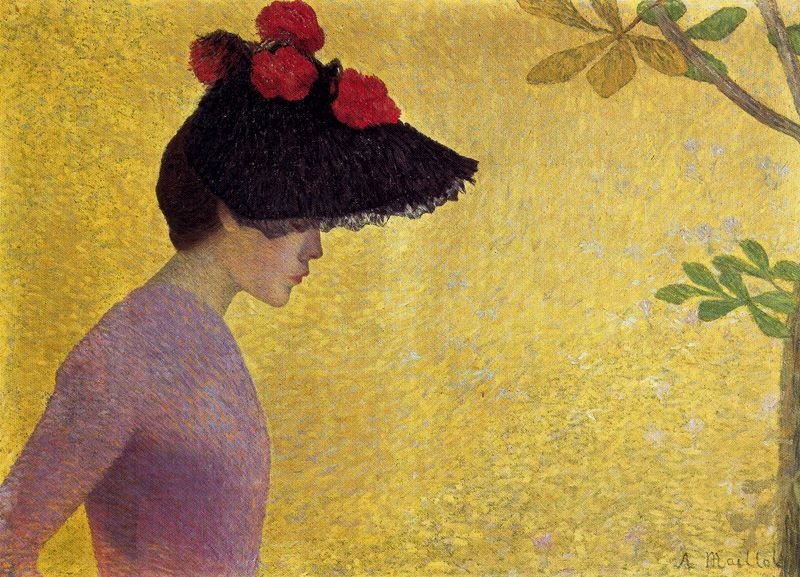 Aristide Mayol. Black hat with red flowers