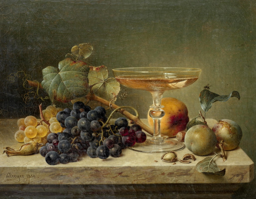 Johann Wilhelm Prairie. Still life with fruit, nuts and a glass on a marble ledge. 1858