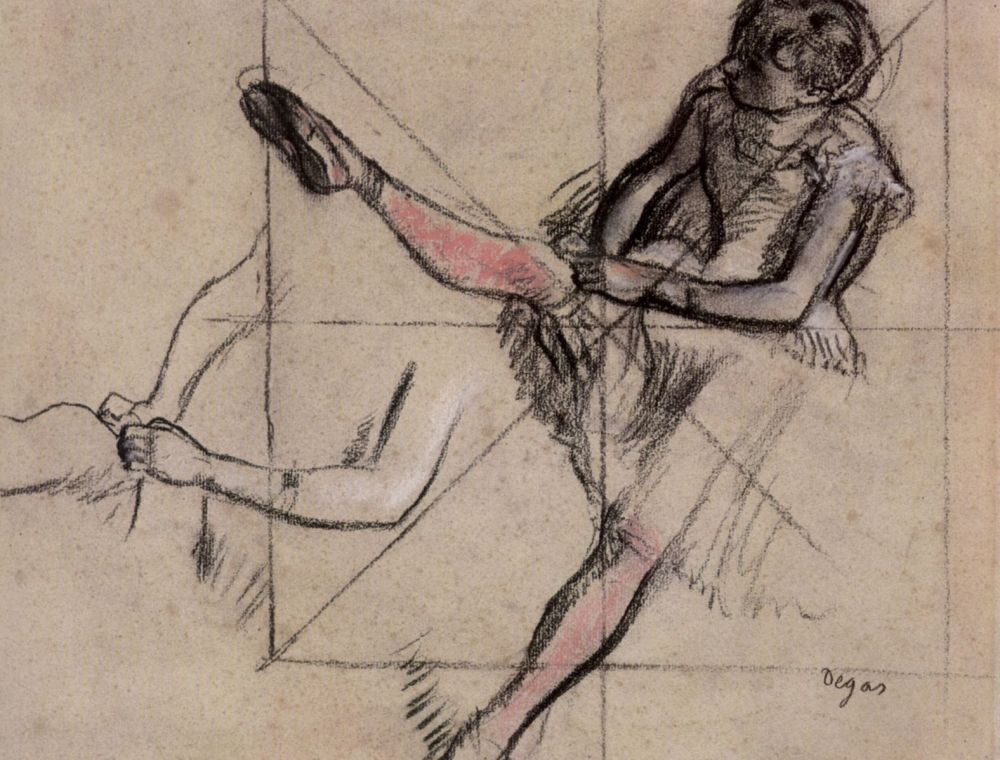 Edgar Degas. Sheet of sketches of a seated ballerina, combing tights