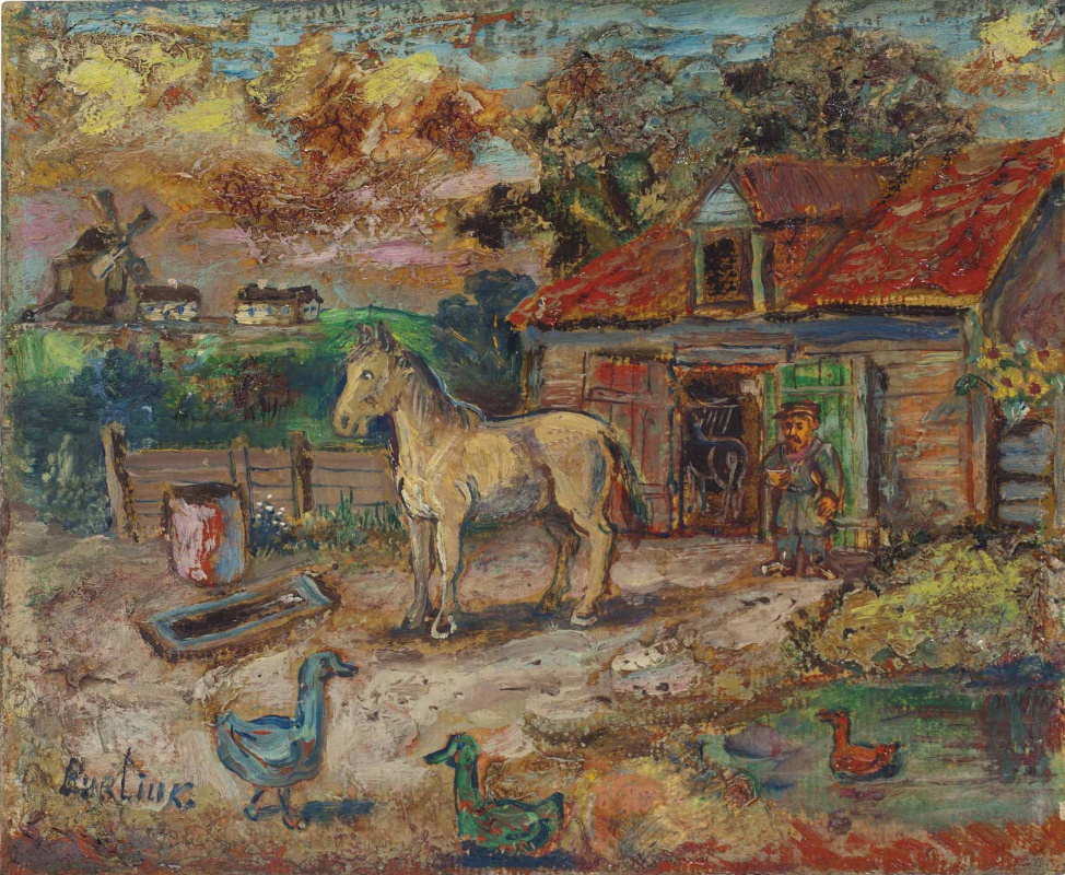 David Davidovich Burliuk. The farmer and the horse in the barnyard