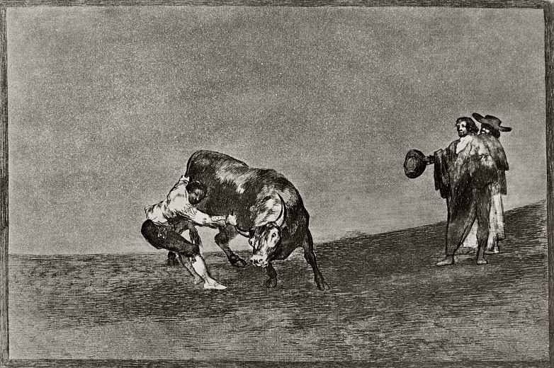 Франсиско Гойя. Серия "Тавромахия", лист 16: Он же схватывает быка руками на арене Мадрида