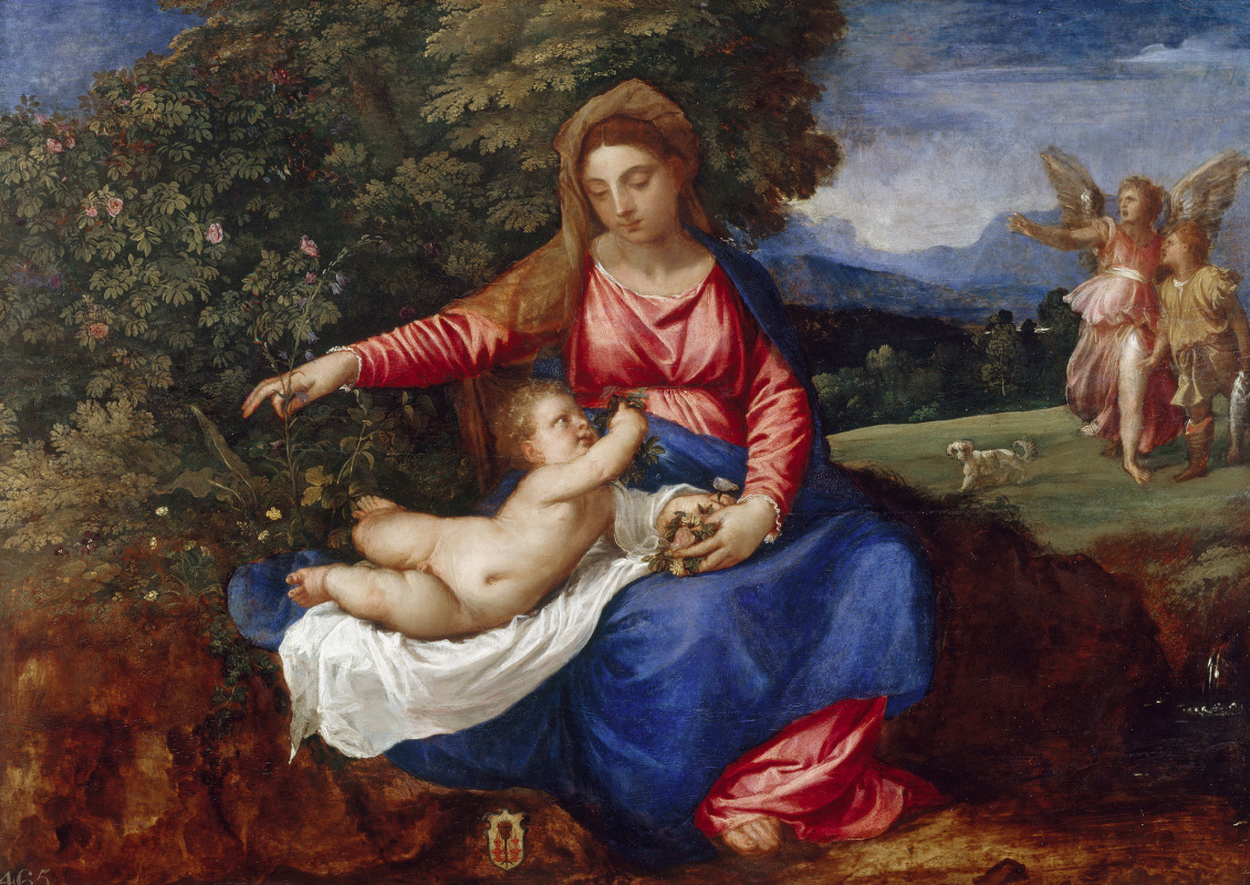 Titian Vecelli. Madonna and Child in a Landscape with Tobias and the Angel