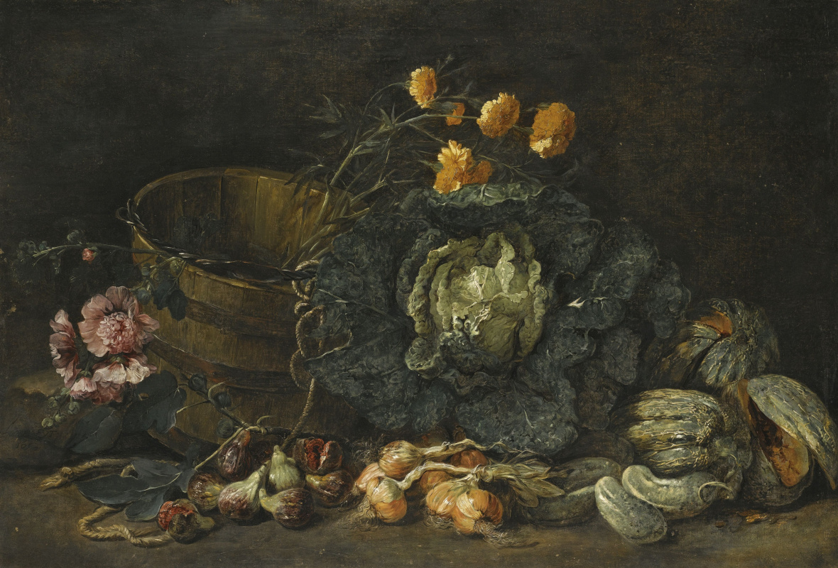 Jan Fyt. Still life with onions, figs, cucumber, cabbage and flowers