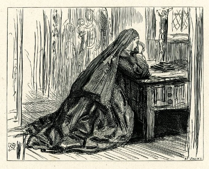 John Everett Millais. Prayer before the crucifix. Illustration to the story of Harriet Martineau, "once a week"