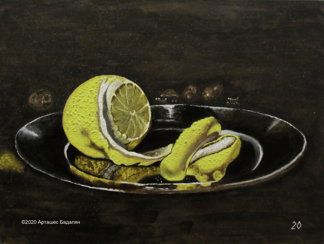 Artashes Badalyan. Kheda. Still life with silver utensils and oysters (detail) - x-hardboard-m - 30x40