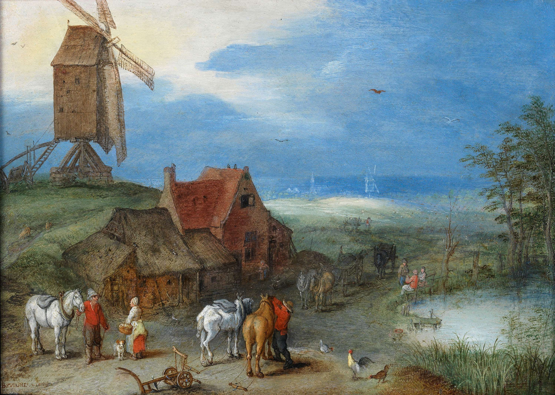 Jan Bruegel The Elder. Landscape with windmill, people, and horses in the courtyard