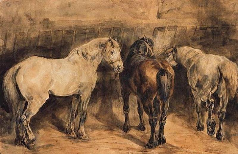 Théodore Géricault. Trois chevaux dans une stalle