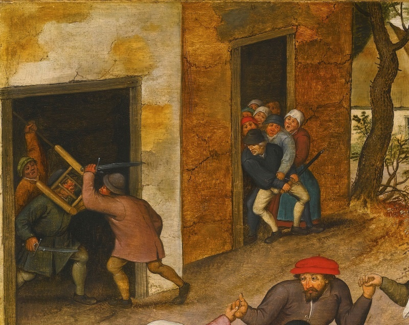 Peter Brueghel the Younger. Peasant dance in the village street. Fragment. Fighting peasants