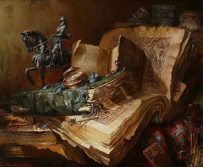Ivan Efimovich Slavinsky. Ancient books and a statuette of a knight