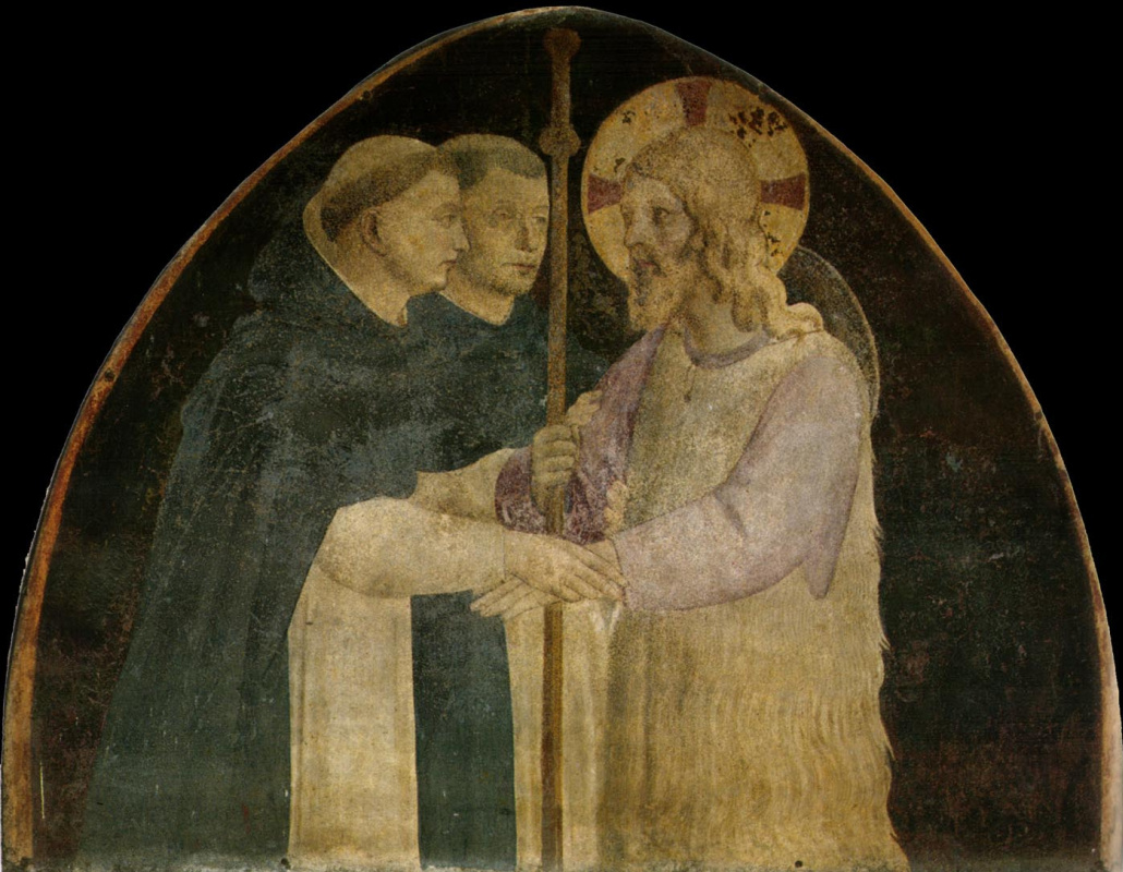 Фра Беато Анджелико. Two Dominicans accept Christ in the form of a pilgrim. Fresco of the Monastery of San Marco, Florence