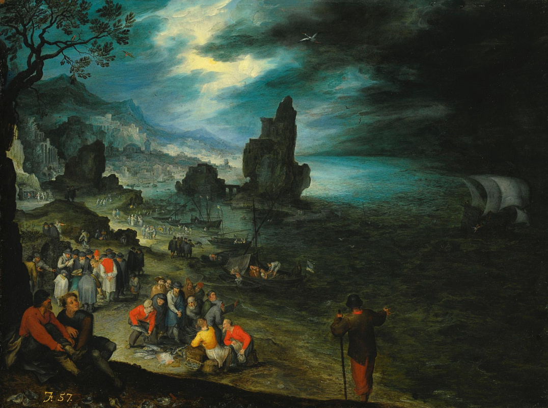 Jan Bruegel The Elder. Scene with fishermen on the coast