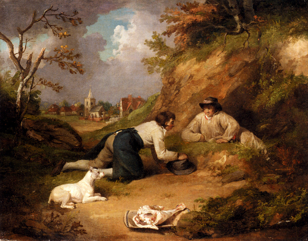 George Moreland. Two men with their dog in the village