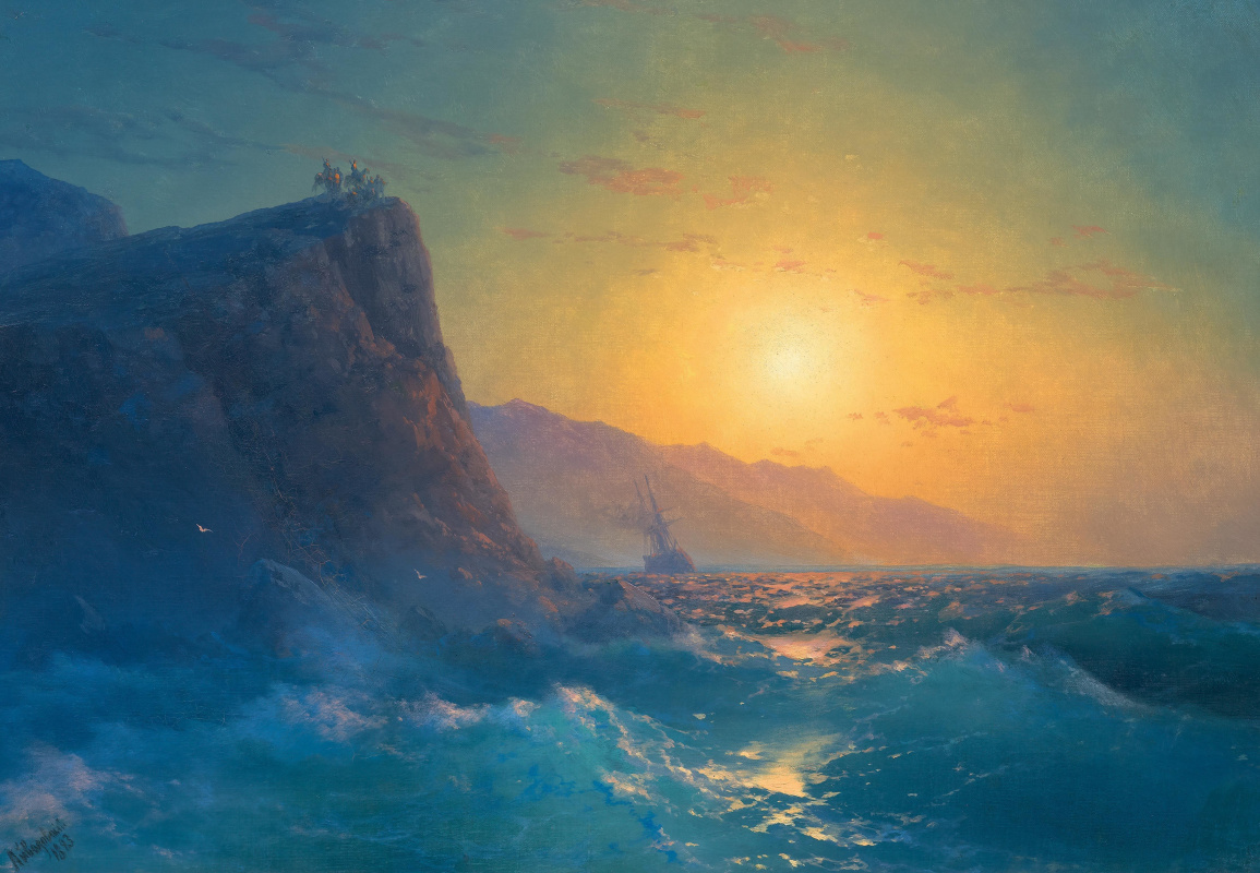 Ivan Aivazovsky. View of a steep, rocky coast and a rough sea at sunset