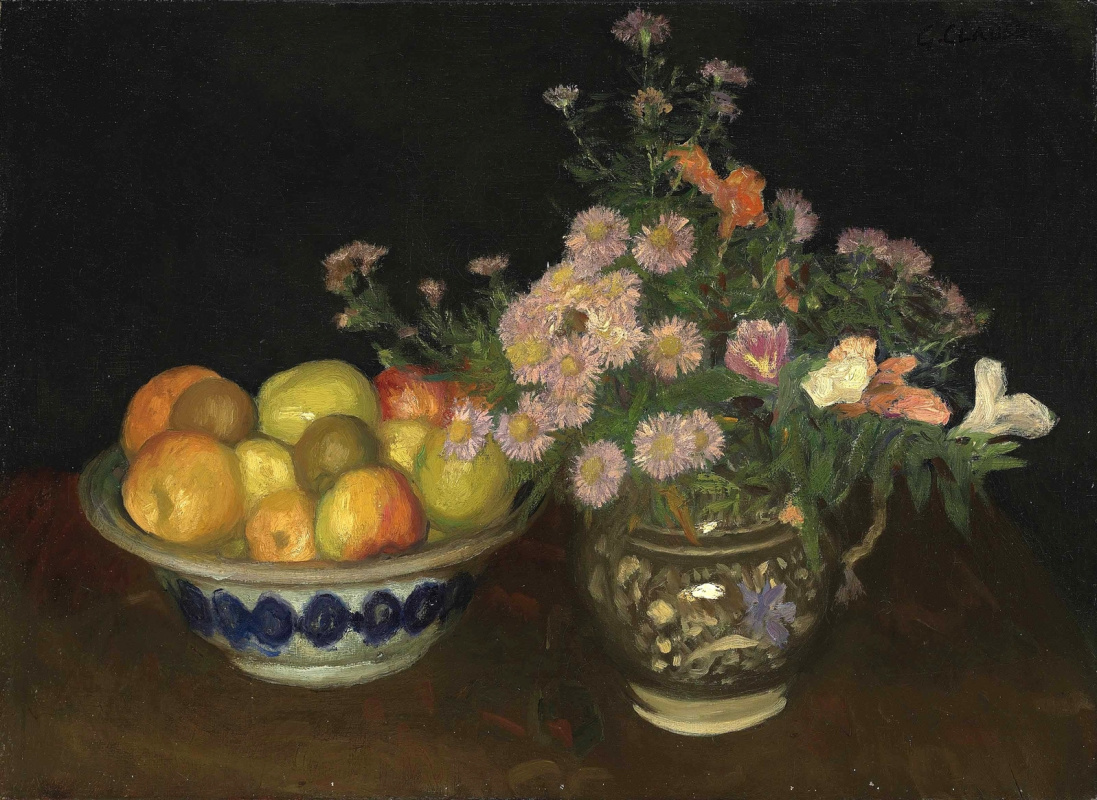 George Clausen. Ceramic jug with flowers and bowl of fruit