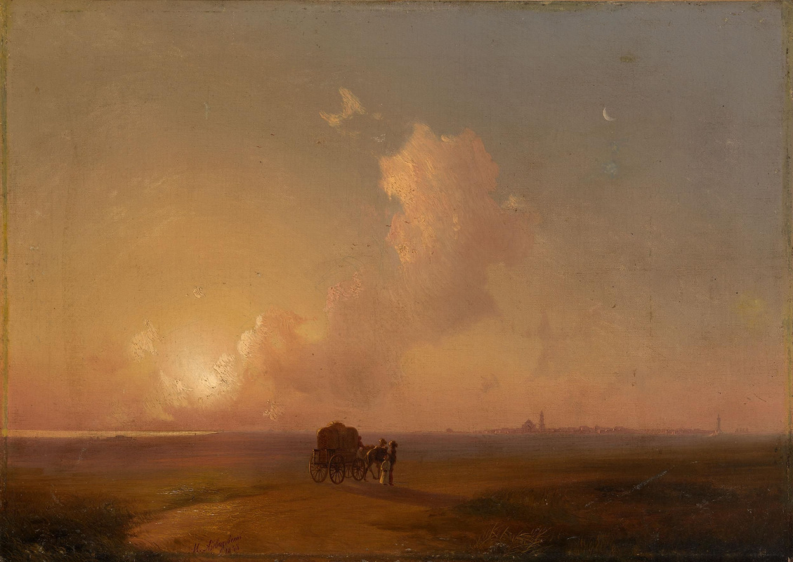 Ivan Aivazovsky. Kamelwagen bei Sonnenuntergang im Hintergrund der Seelandschaft