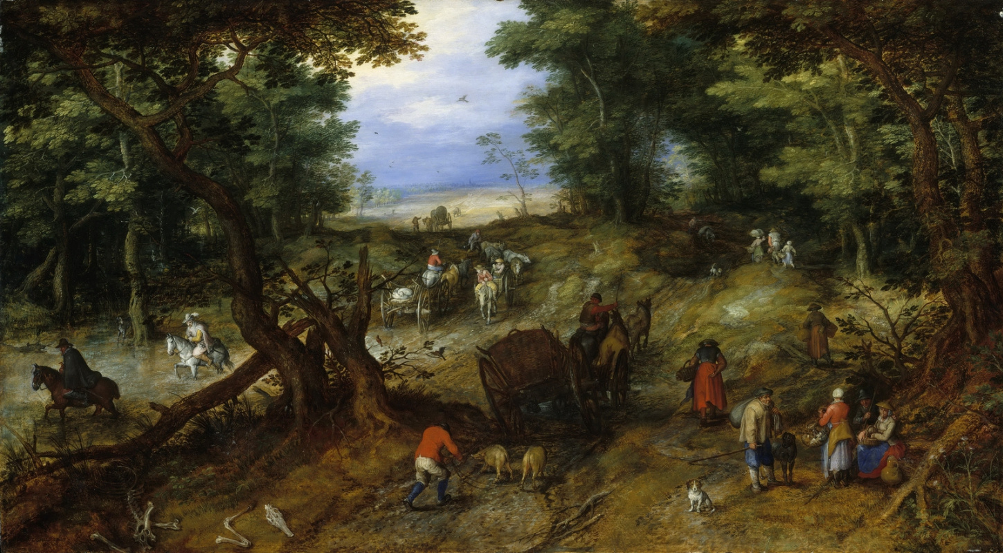Jan Bruegel The Elder. Forest road with travelers. About 1607