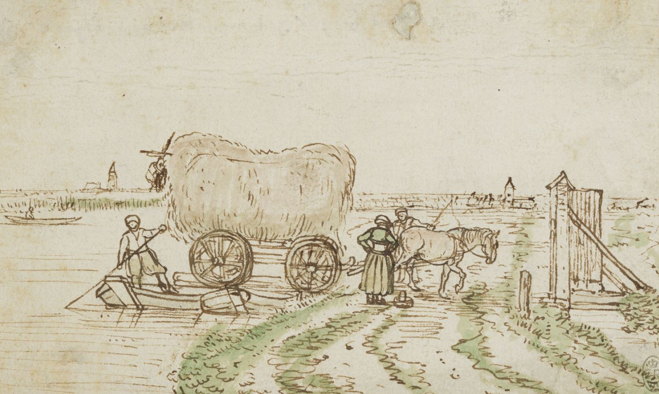 Hendrik Avercamp. The hay wagon is being unloaded from two boats