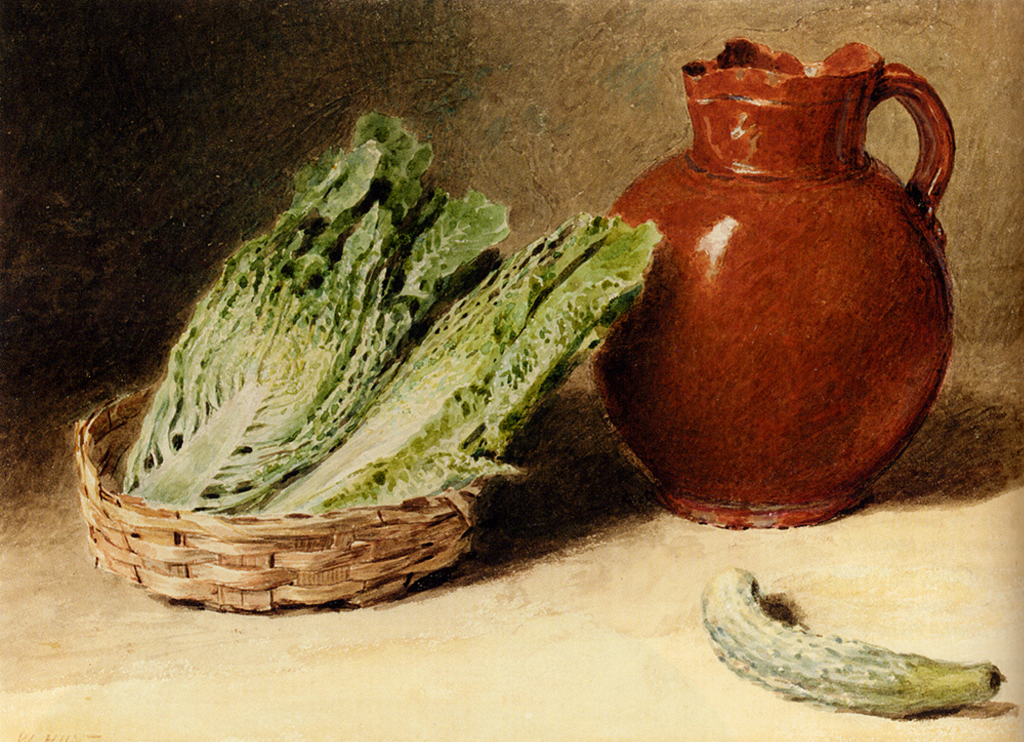 静物画1 William Henry Hunt 与水罐，圆白菜在篮子和黄瓜的静物画：作品描述