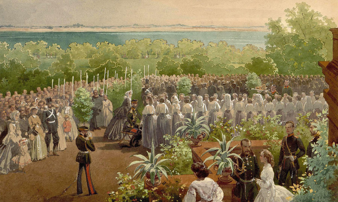 Mikhail Alexandrovich Zichy. Alexander II among the institutes in the garden. State Hermitage, St. Petersburg. Drawing entered in 1927 Transferred from the library of Alexander II in the Winter Palace.