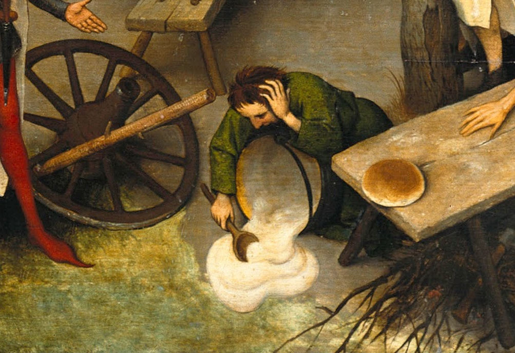 Pieter Bruegel The Elder. Flemish proverbs. Fragment: Spilled porridge is not collected back - if something is done, you can not return it back. To put a stick in the wheel - to obstruct the execution of other people's plans