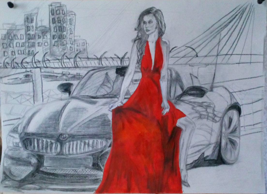 Julia Alekseevna Ovcharenko. BMW and Mrs. in a red dress