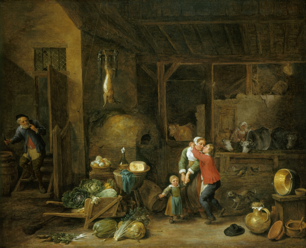 David Teniers the Younger. Interior of a Famhouse with Figures ('The Stolen Kiss')