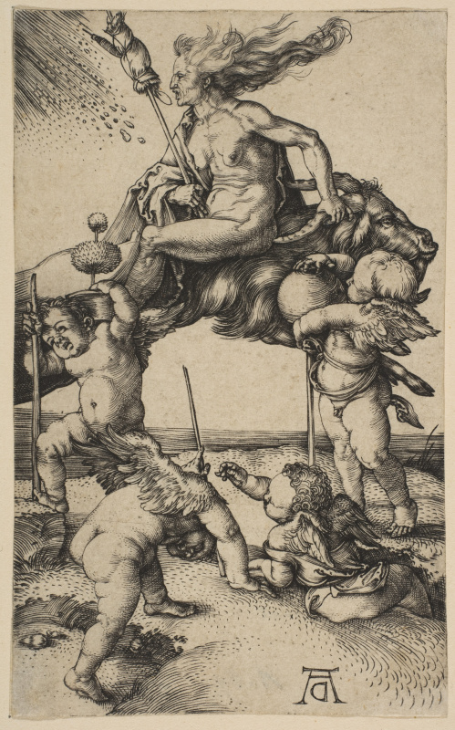 Albrecht Dürer. Witch riding backwards on a goat