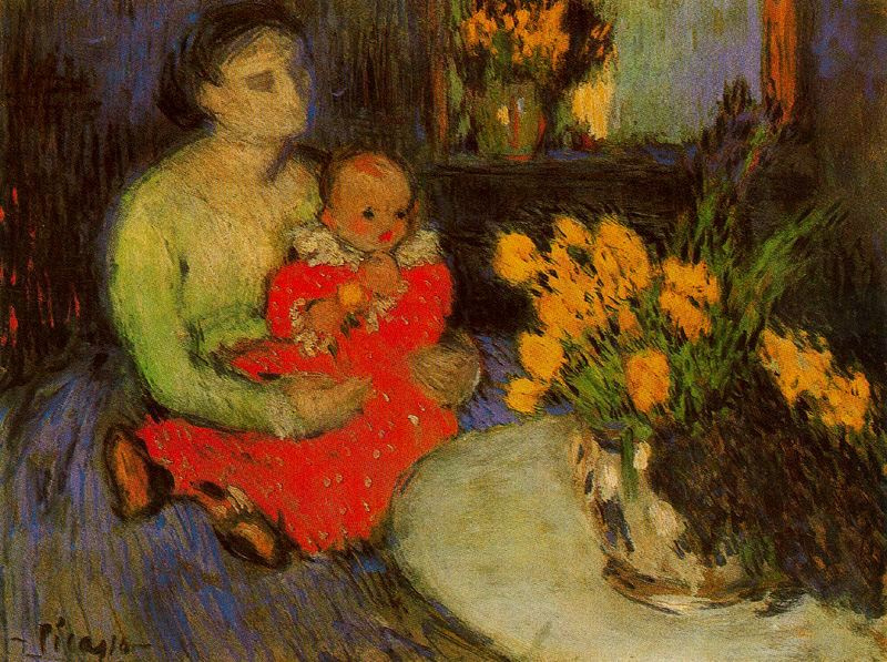 Пабло Пикассо. Мать и ребенок рядом с букетом цветов